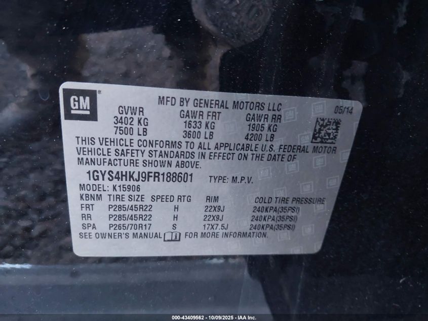 2015 Cadillac Escalade Esv Luxury VIN: 1GYS4HKJ9FR188601 Lot: 43409562