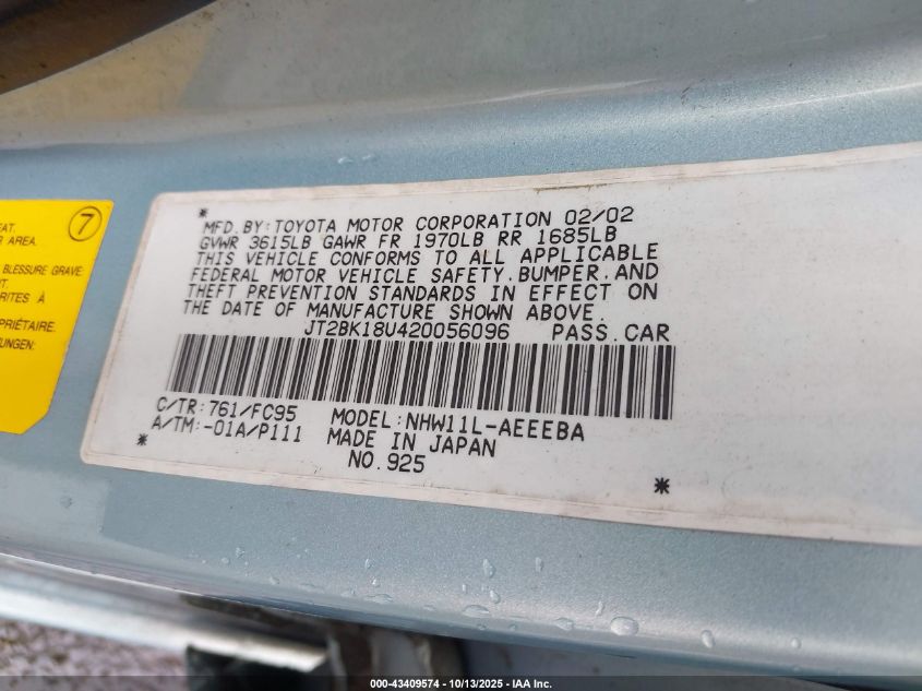 2002 Toyota Prius VIN: JT2BK18U420056096 Lot: 43409574