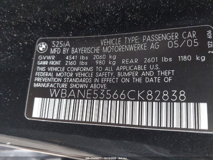 2006 BMW 525I VIN: WBANE53566CK82838 Lot: 43409577