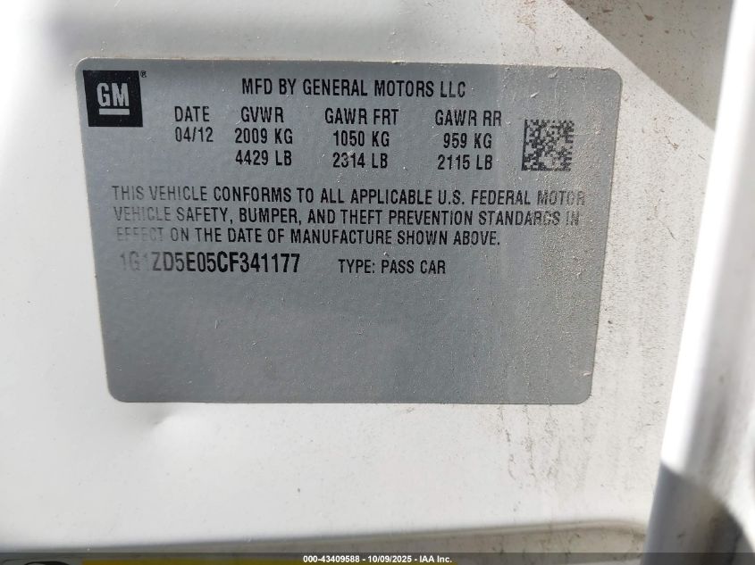 2012 Chevrolet Malibu 2Lt VIN: 1G1ZD5E05CF341177 Lot: 43409588