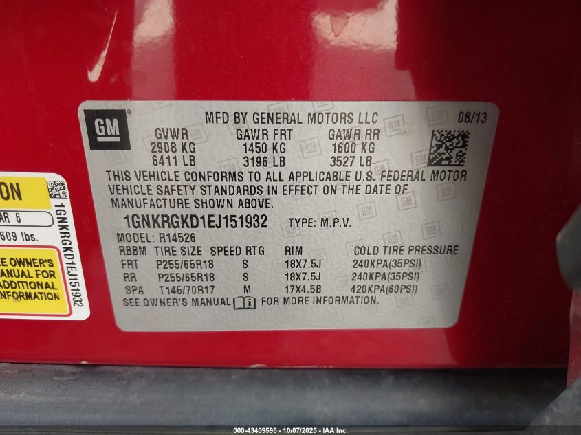 2014 Chevrolet Traverse 1Lt VIN: 1GNKRGKD1EJ151932 Lot: 43409595