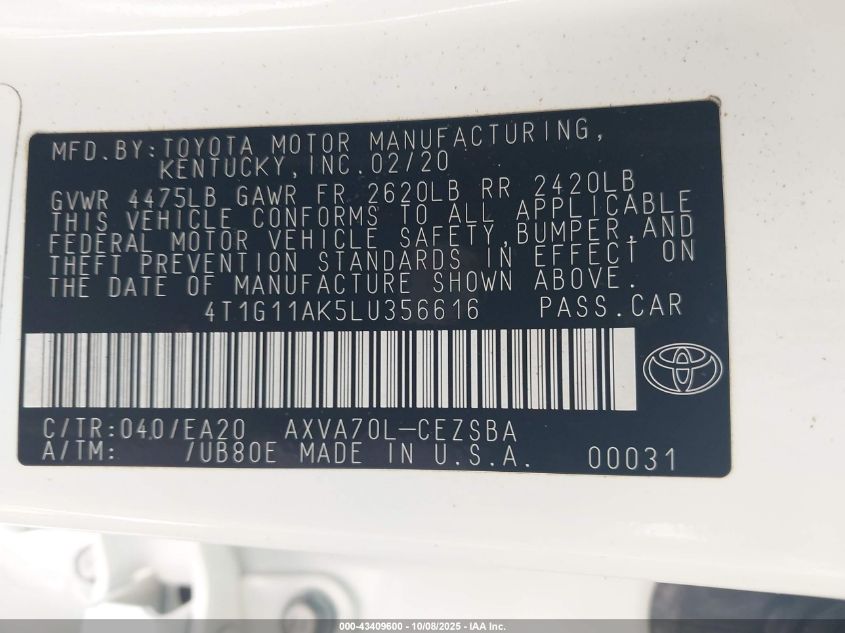 2020 Toyota Camry Se VIN: 4T1G11AK5LU356616 Lot: 43409600