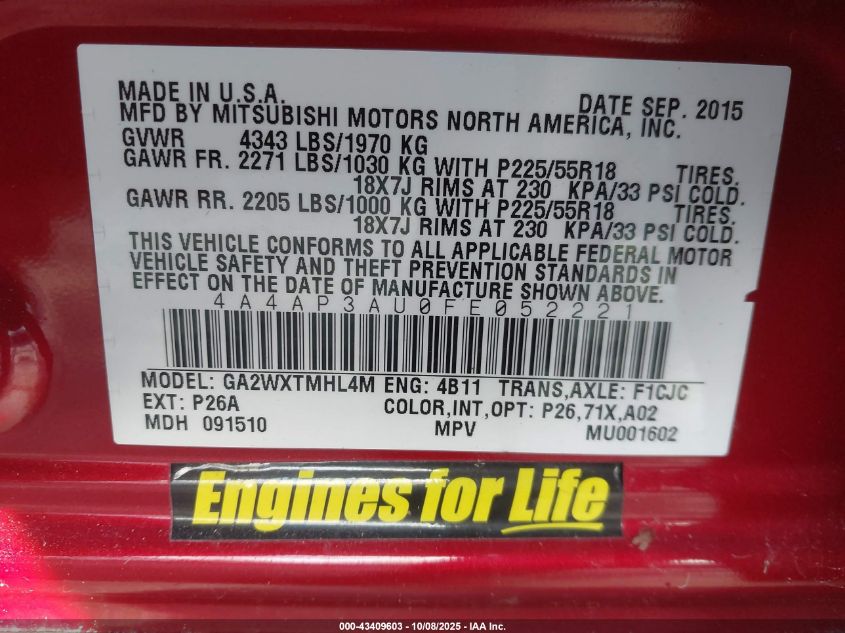 2015 Mitsubishi Outlander Sport Es VIN: 4A4AP3AU0FE052221 Lot: 43409603