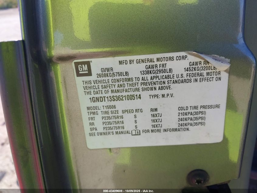 2006 Chevrolet Trailblazer Ls VIN: 1GNDT13S362100514 Lot: 43409608