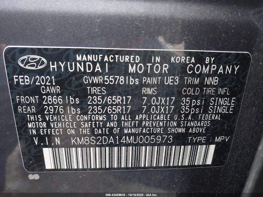 2021 Hyundai Santa Fe Hybrid Blue VIN: KM8S2DA14MU005973 Lot: 43409630