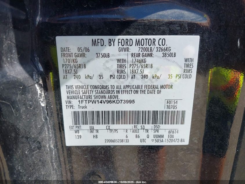 2006 Ford F-150 Fx4/Lariat/Xlt VIN: 1FTPW14V96KD73995 Lot: 43409636