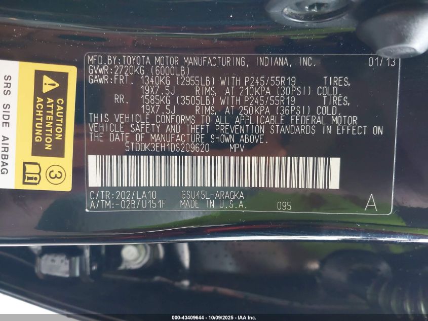 2013 Toyota Highlander Limited V6 VIN: 5TDDK3EH1DS209620 Lot: 43409644