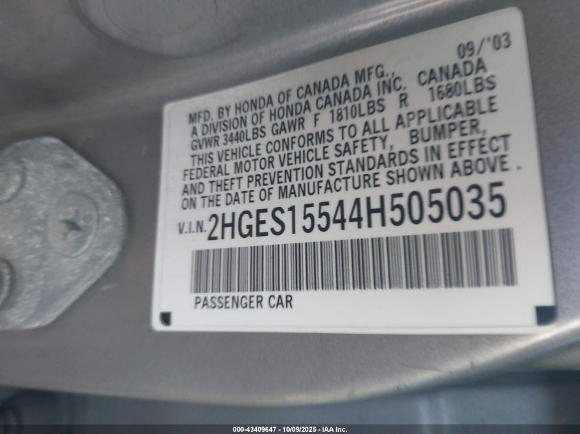 2004 Honda Civic Lx VIN: 2HGES15544H505035 Lot: 43409647