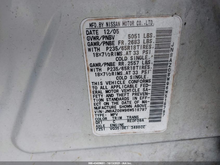 2006 Nissan Murano S VIN: JN8AZ08W96W518797 Lot: 43409651