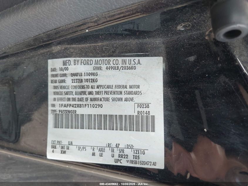 2001 Ford Mustang Gt VIN: 1FAFP42X81F110290 Lot: 43409662