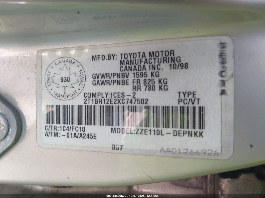 1999 Toyota Corolla Ce/Le VIN: 2T1BR12E2XC747502 Lot: 43409670