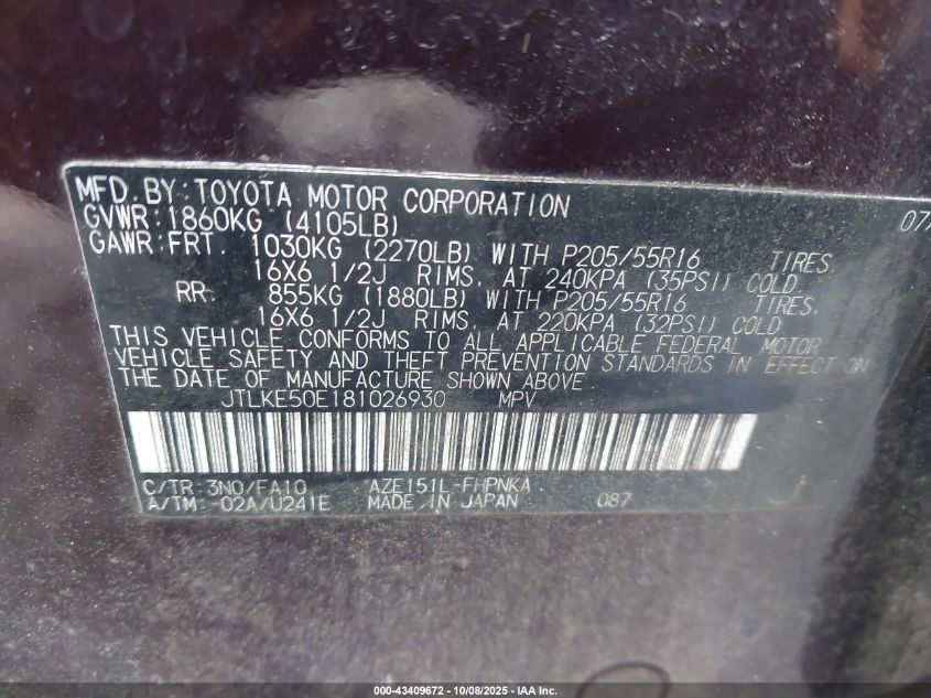 2008 Scion Xb VIN: JTLKE50E181026930 Lot: 43409672