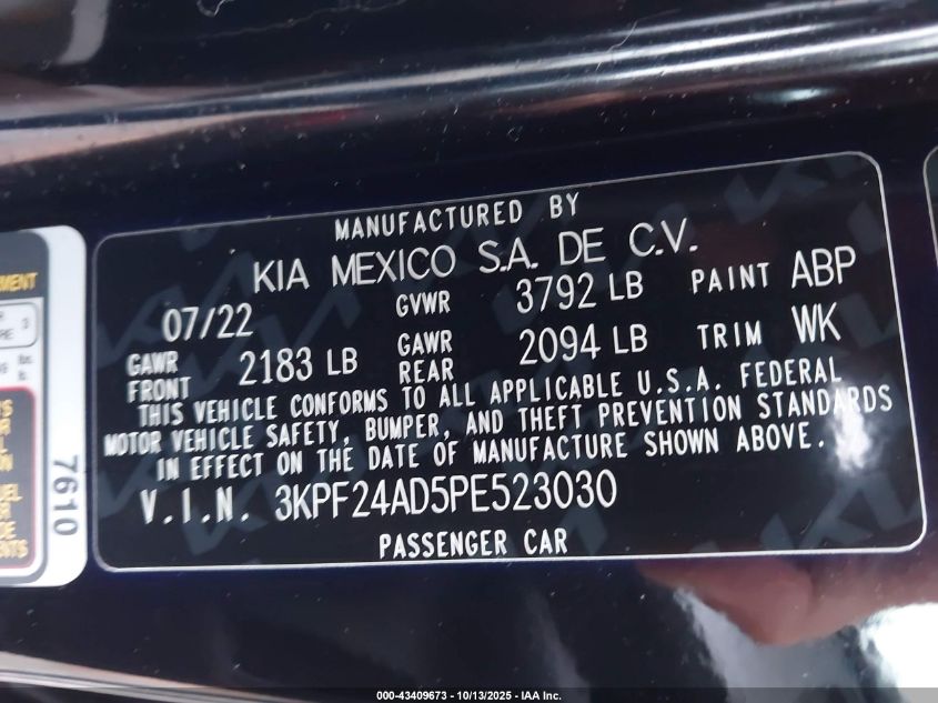 2023 Kia Forte Lxs VIN: 3KPF24AD5PE523030 Lot: 43409673