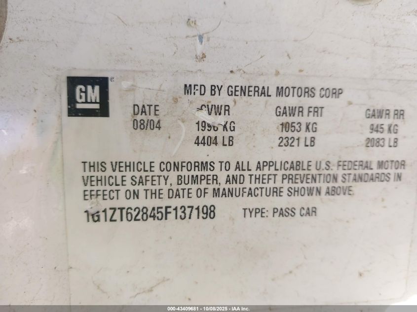 2005 Chevrolet Malibu Maxx Ls VIN: 1G1ZT62845F137198 Lot: 43409681