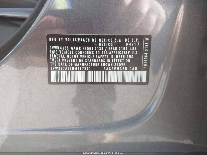 2017 Volkswagen Jetta 1.4T S VIN: 3VW2B7AJ3HM367371 Lot: 43409685