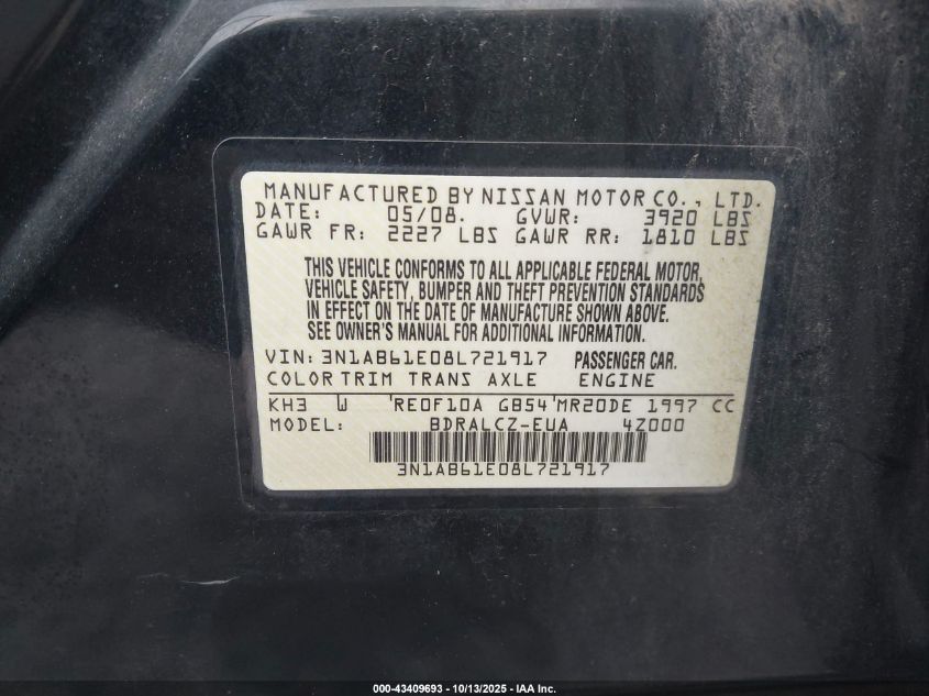 2008 Nissan Sentra 2.0 VIN: 3N1AB61E08L721917 Lot: 43409693