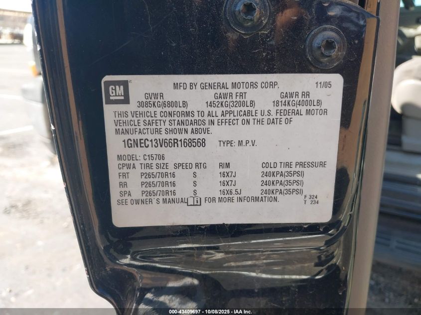 2006 Chevrolet Tahoe Ls VIN: 1GNEC13V66R168568 Lot: 43409697