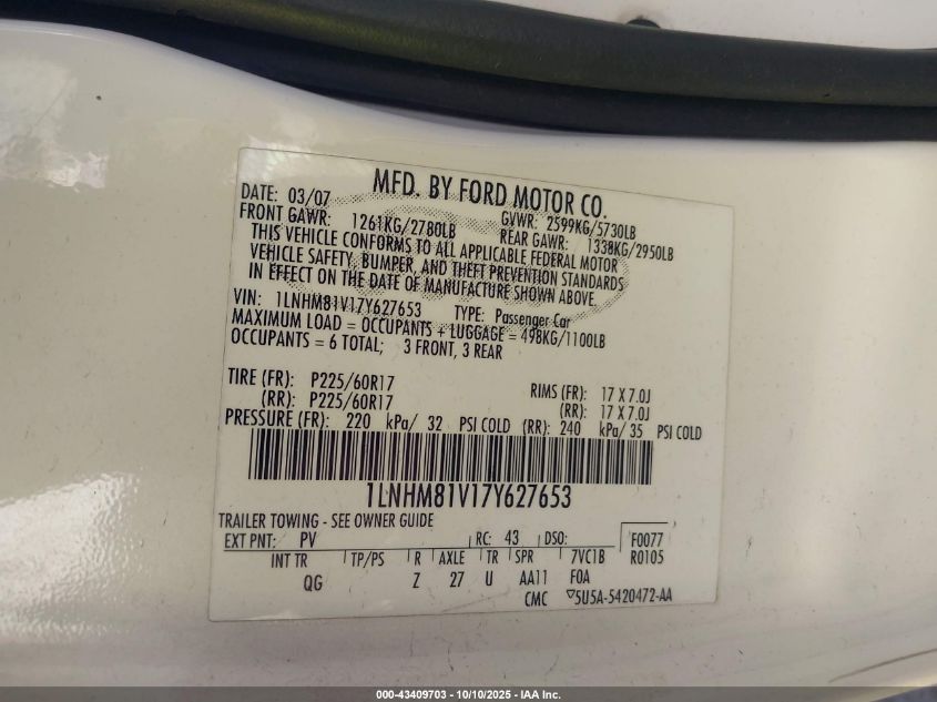 2007 Lincoln Town Car Signature VIN: 1LNHM81V17Y627653 Lot: 43409703