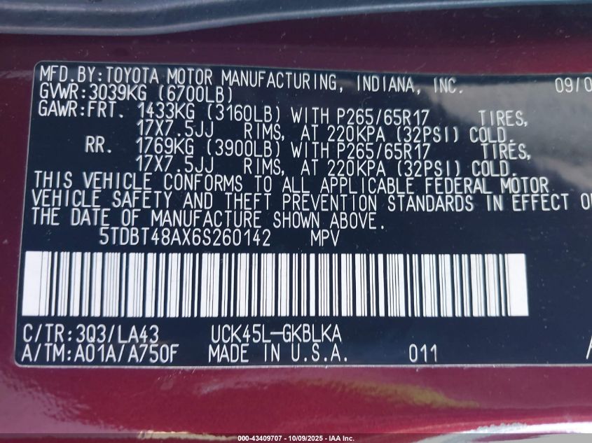 2006 Toyota Sequoia Limited V8 VIN: 5TDBT48AX6S260142 Lot: 43409707