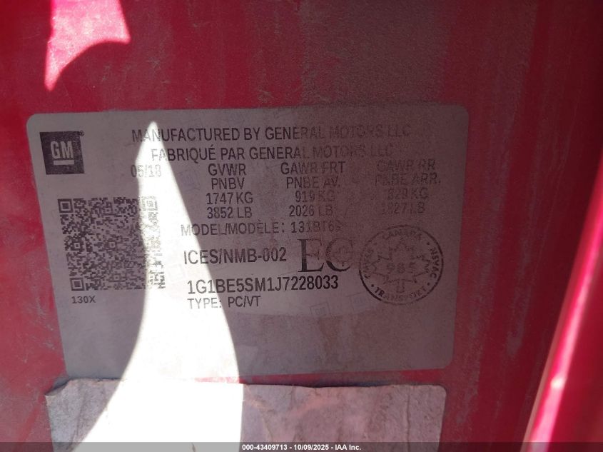 2018 Chevrolet Cruze Lt Auto VIN: 1G1BE5SM1J7228033 Lot: 43409713