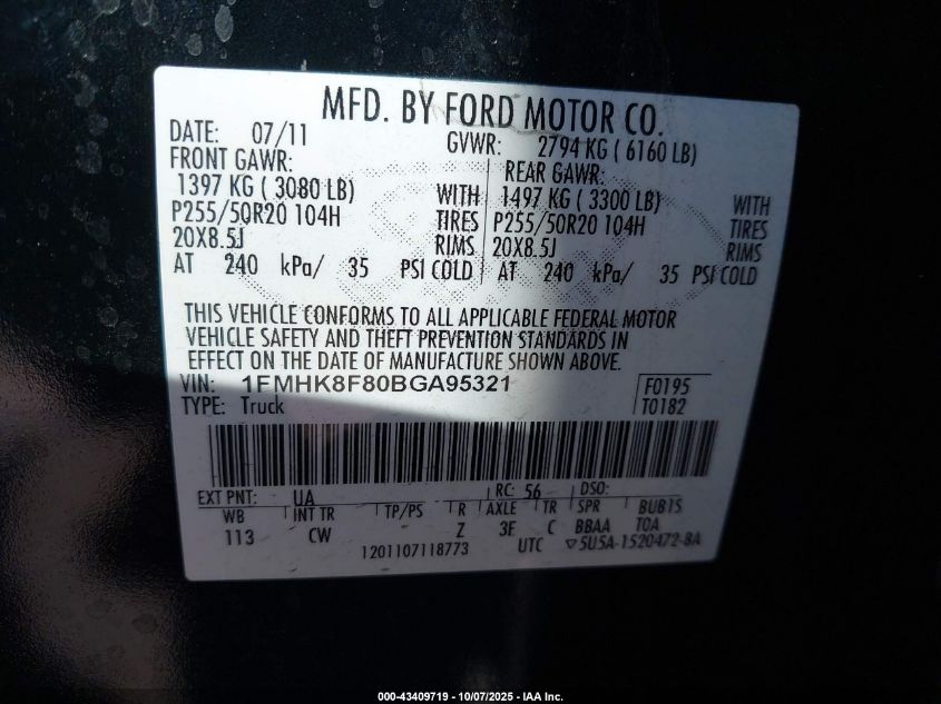 2011 Ford Explorer Limited VIN: 1FMHK8F80BGA95321 Lot: 43409719