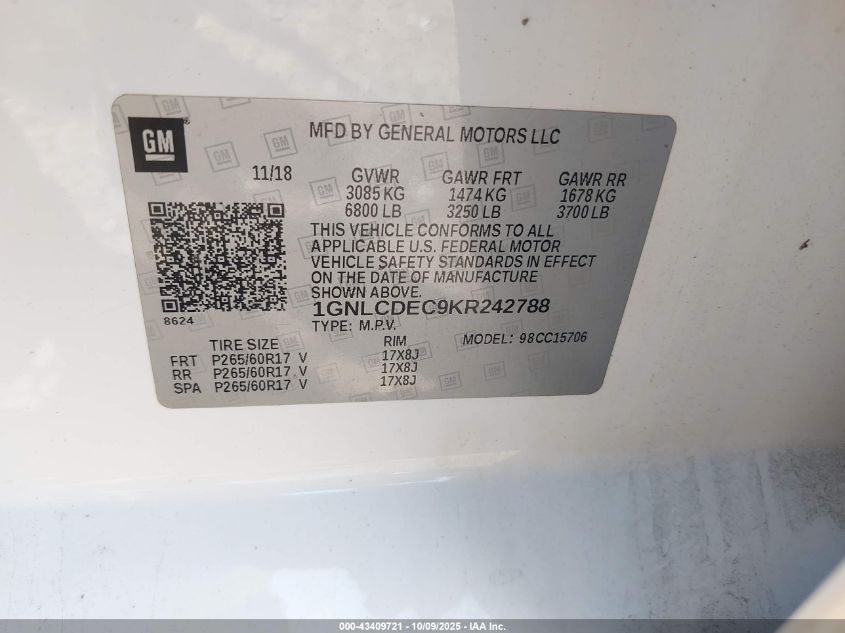 2019 Chevrolet Tahoe Commercial Fleet VIN: 1GNLCDEC9KR242788 Lot: 43409721