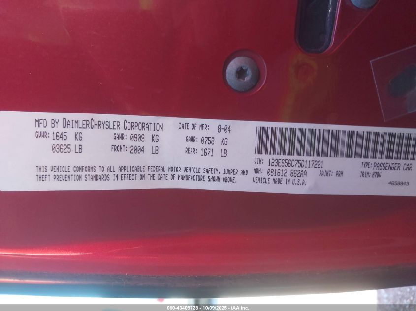 2005 Dodge Neon Sxt VIN: 1B3ES56C75D117221 Lot: 43409728