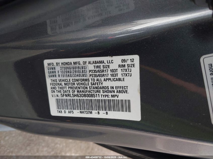 2013 Honda Odyssey Ex-L VIN: 5FNRL5H63DB008511 Lot: 43409732