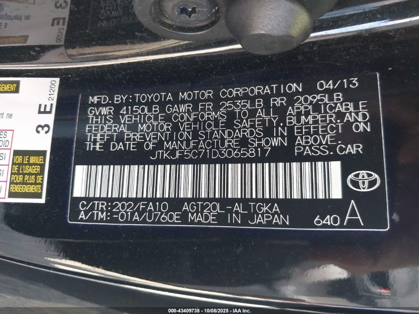 2013 Scion Tc VIN: JTKJF5C71D3065817 Lot: 43409738