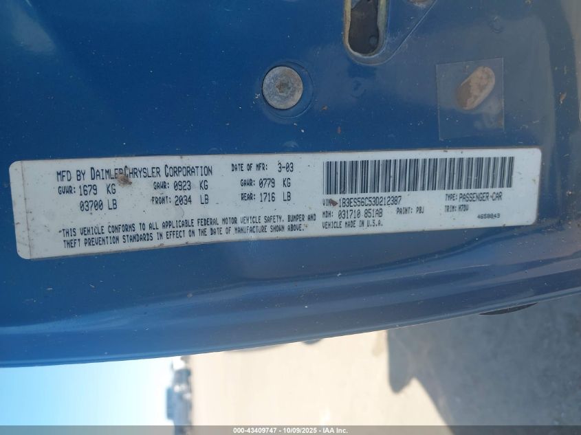 2003 Dodge Neon Sxt VIN: 1B3ES56C53D212387 Lot: 43409747