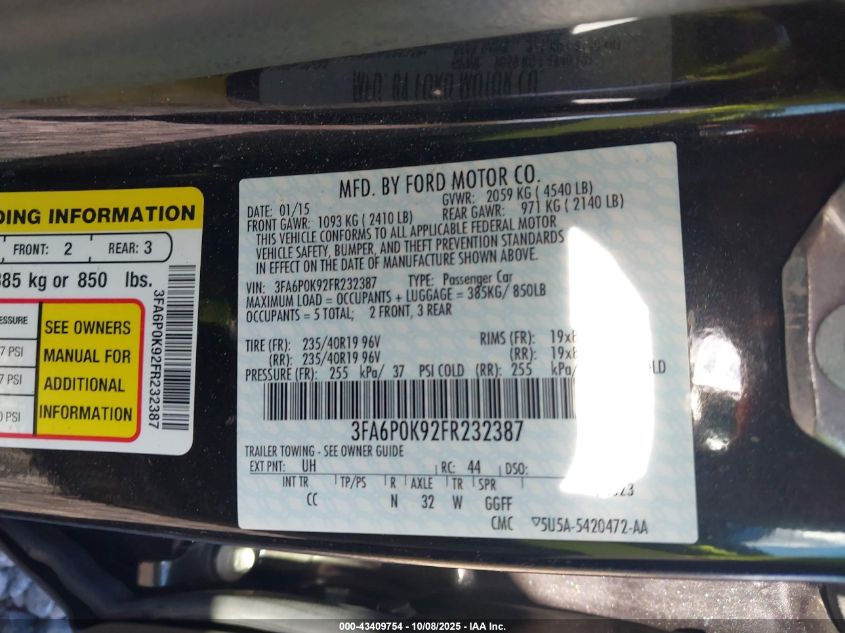 2015 Ford Fusion Titanium VIN: 3FA6P0K92FR232387 Lot: 43409754