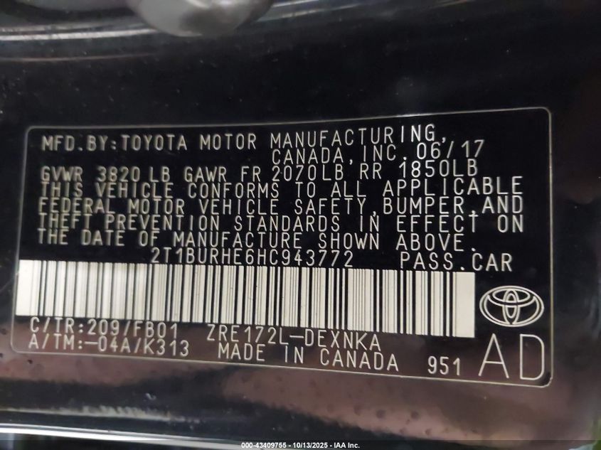 2017 Toyota Corolla Le VIN: 2T1BURHE6HC943772 Lot: 43409755