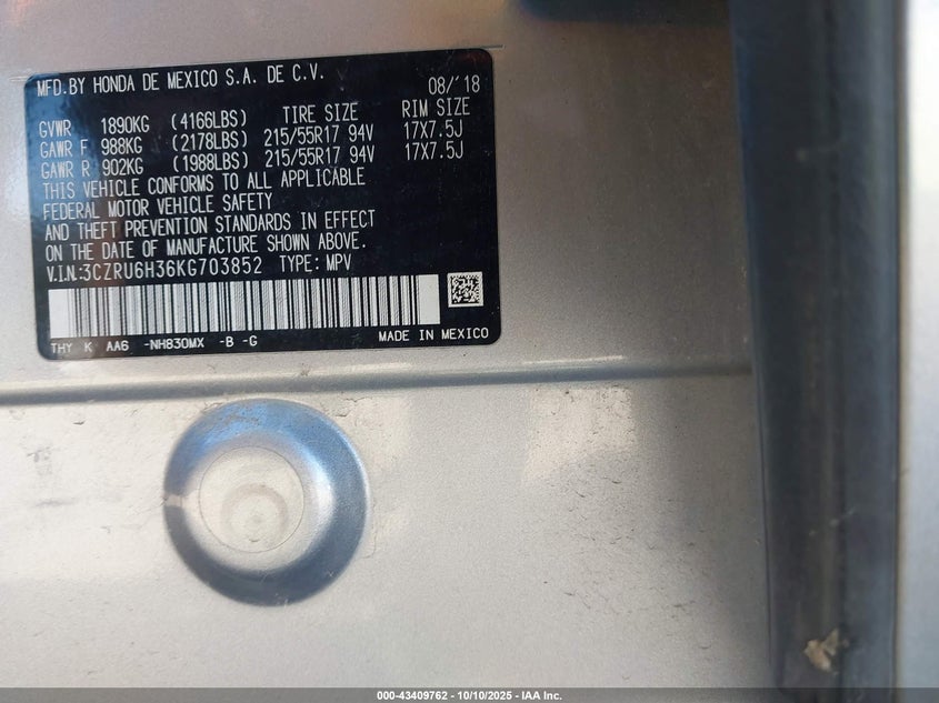 2019 HONDA HR-V LX 3CZRU6H36KG703852