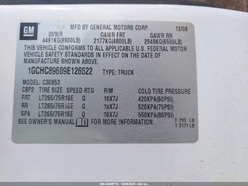 2009 Chevrolet Silverado 3500Hd Lt VIN: 1GCHC89609E126522 Lot: 43409776