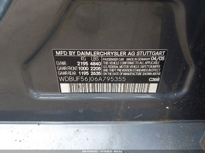 2006 Mercedes-Benz E 350 VIN: WDBUF56J06A795355 Lot: 43409782