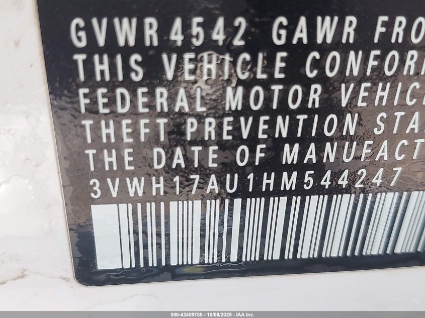 2017 Volkswagen Golf Alltrack Tsi S/Tsi Se/Tsi Sel VIN: 3VWH17AU1HM544247 Lot: 43409785
