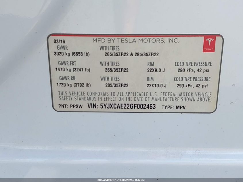 2016 Tesla Model X 60D/70D/75D/90D VIN: 5YJXCAE22GF002463 Lot: 43409787