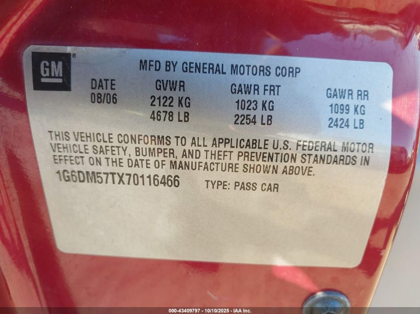 2007 Cadillac Cts Standard VIN: 1G6DM57TX70116466 Lot: 43409797