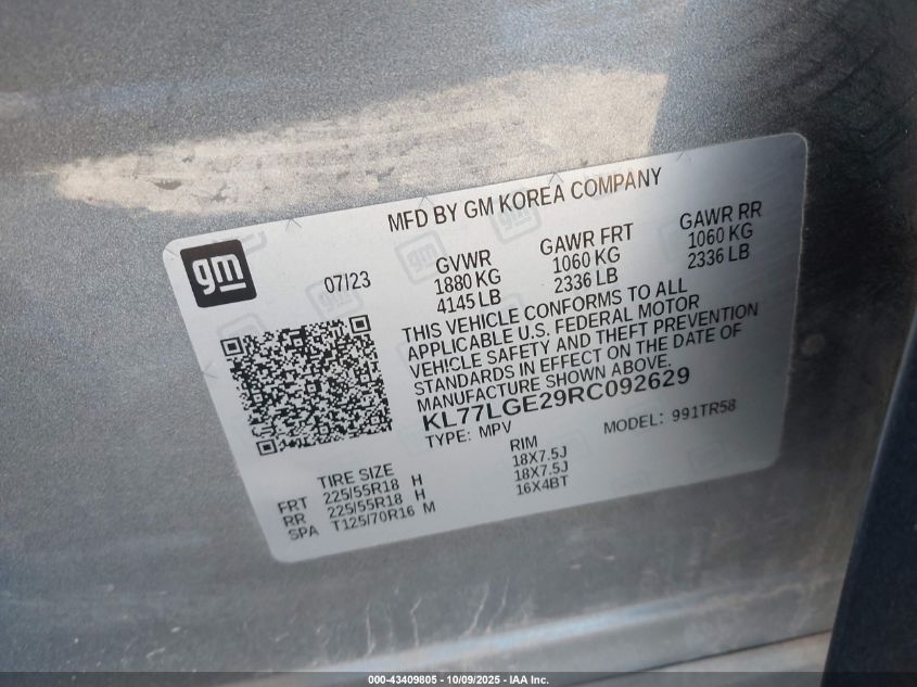 2024 Chevrolet Trax Fwd 1Rs VIN: KL77LGE29RC092629 Lot: 43409805