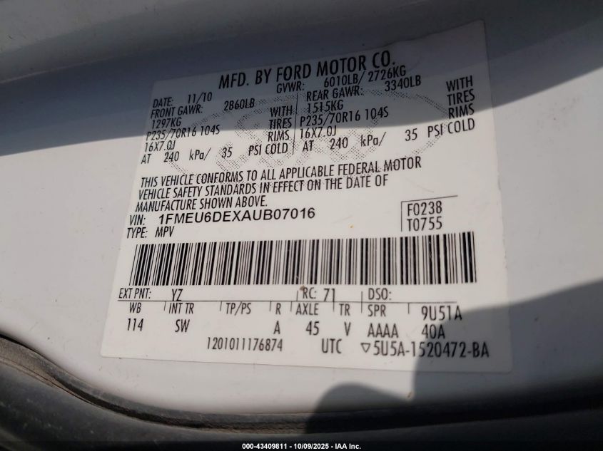 2010 Ford Explorer Xlt VIN: 1FMEU6DEXAUB07016 Lot: 43409811