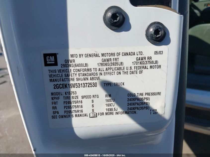 2003 Chevrolet Silverado 1500 Ls VIN: 2GCEK19V531372530 Lot: 43409815