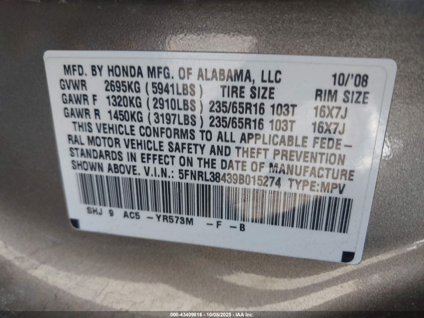 2009 Honda Odyssey Ex VIN: 5FNRL38439B015274 Lot: 43409816