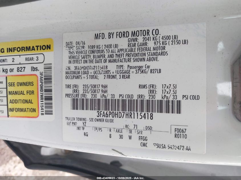 2017 Ford Fusion Se VIN: 3FA6P0HD7HR115418 Lot: 43409823