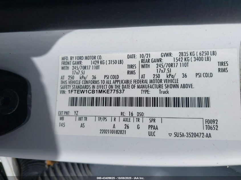 2021 Ford F-150 Xl VIN: 1FTEW1CB1MKE77537 Lot: 43409825