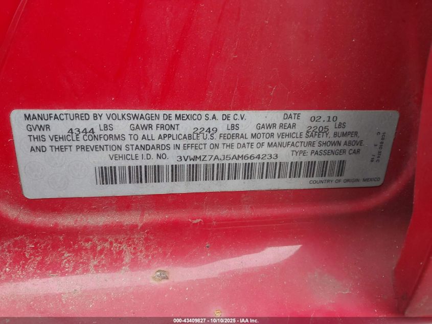 2010 Volkswagen Jetta S VIN: 3VWMZ7AJ5AM664233 Lot: 43409827