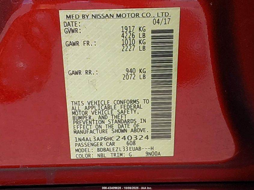 2017 Nissan Altima 2.5 S VIN: 1N4AL3AP6HC240324 Lot: 43409828