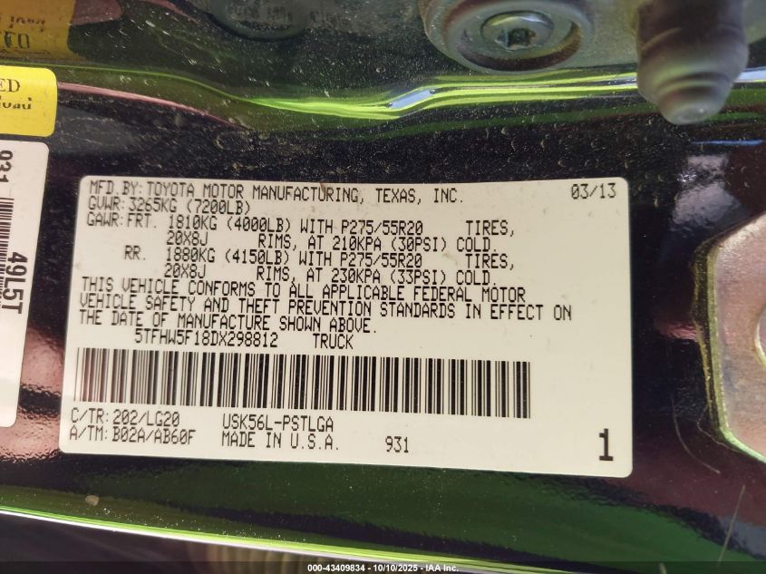 2013 Toyota Tundra Platinum 5.7L V8 VIN: 5TFHW5F18DX298812 Lot: 43409834