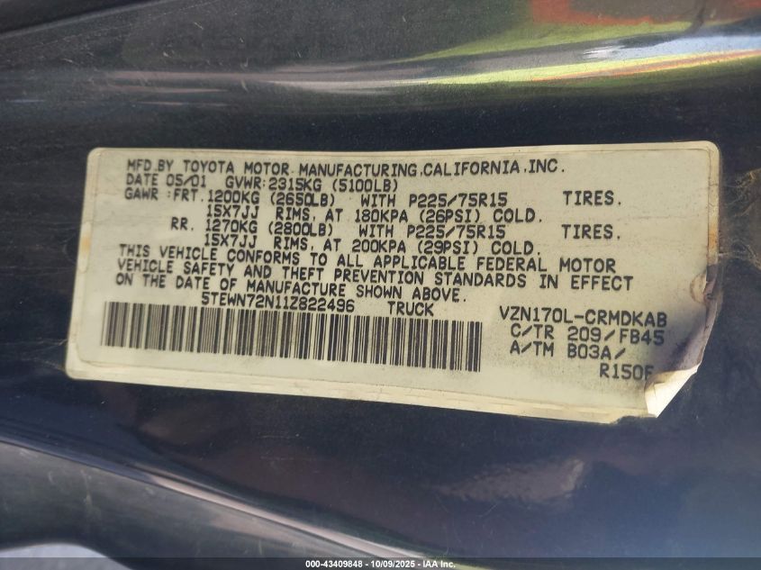 2001 Toyota Tacoma Base V6 VIN: 5TEWN72N11Z822496 Lot: 43409848