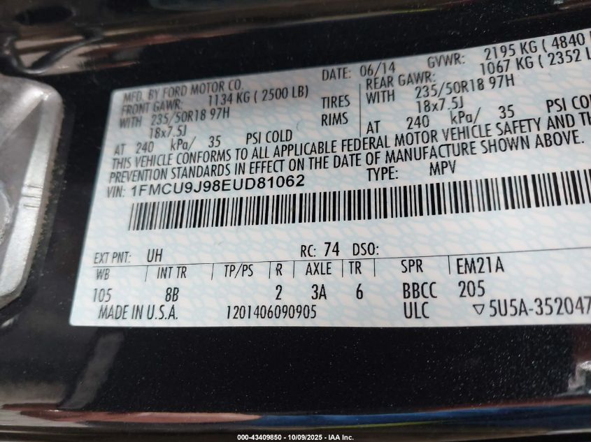 2014 Ford Escape Titanium VIN: 1FMCU9J98EUD81062 Lot: 43409850