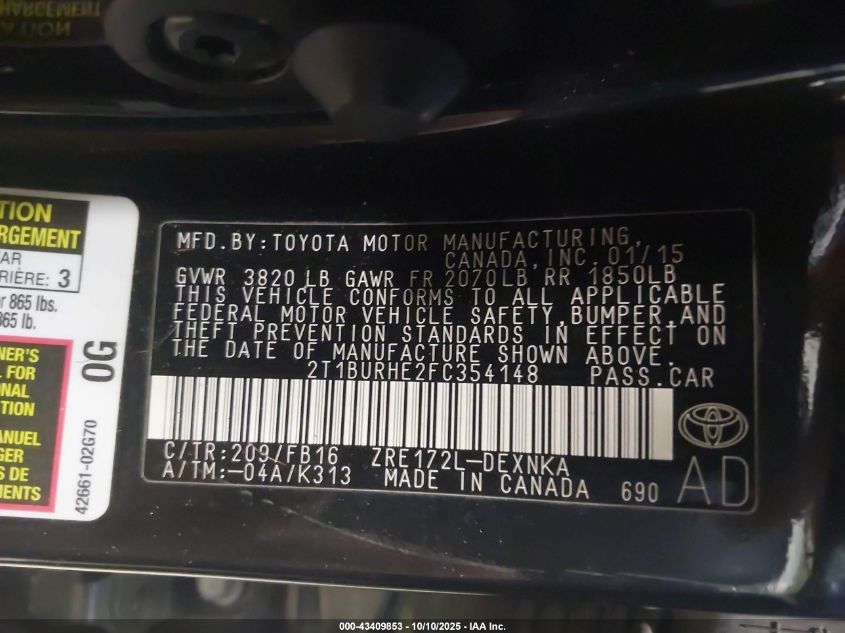 2015 Toyota Corolla Le VIN: 2T1BURHE2FC354148 Lot: 43409853